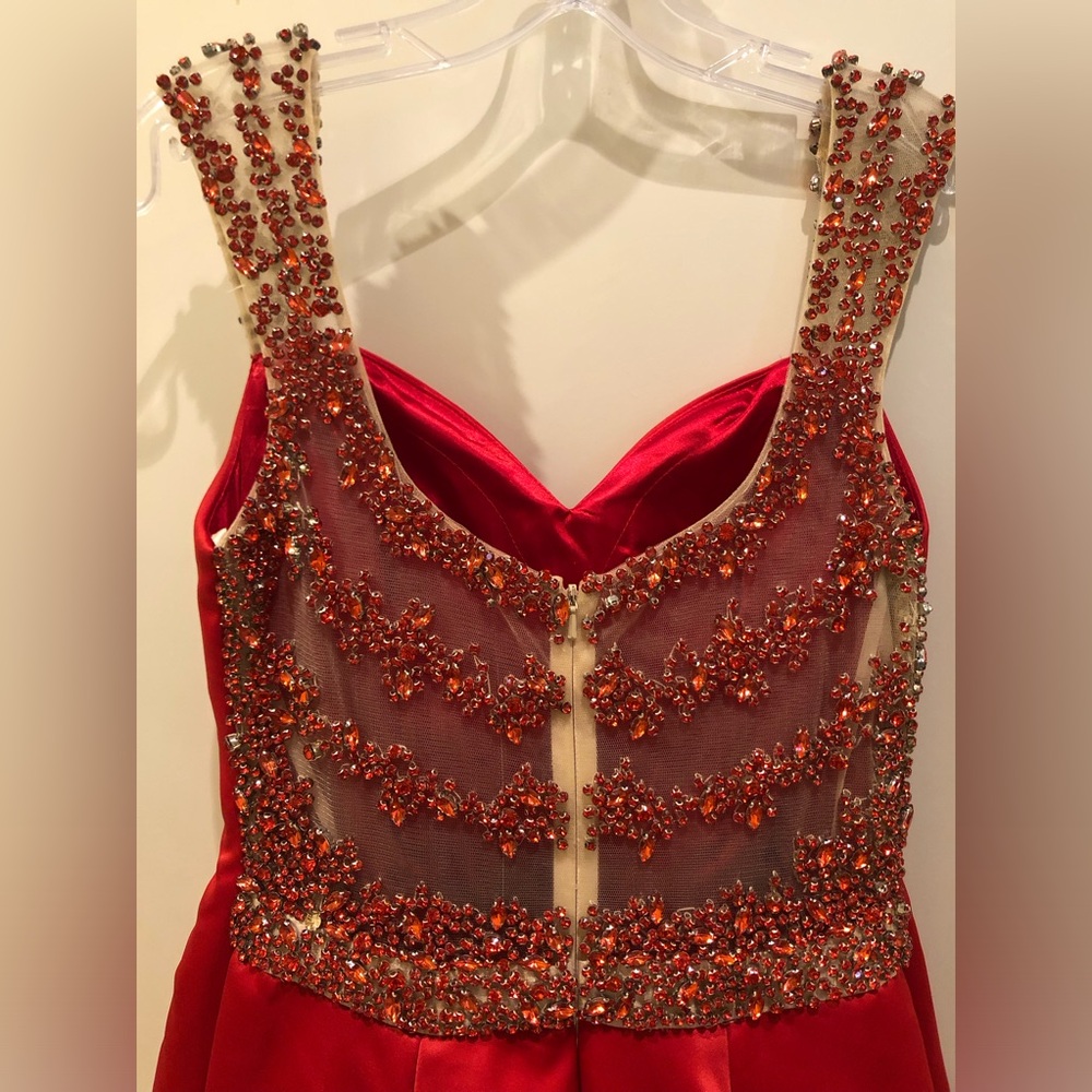 Red Long Dress BICICI & COTY Maxi A-line, beaded back/straps, wed, size S 4-6 - Picture 4 of 11